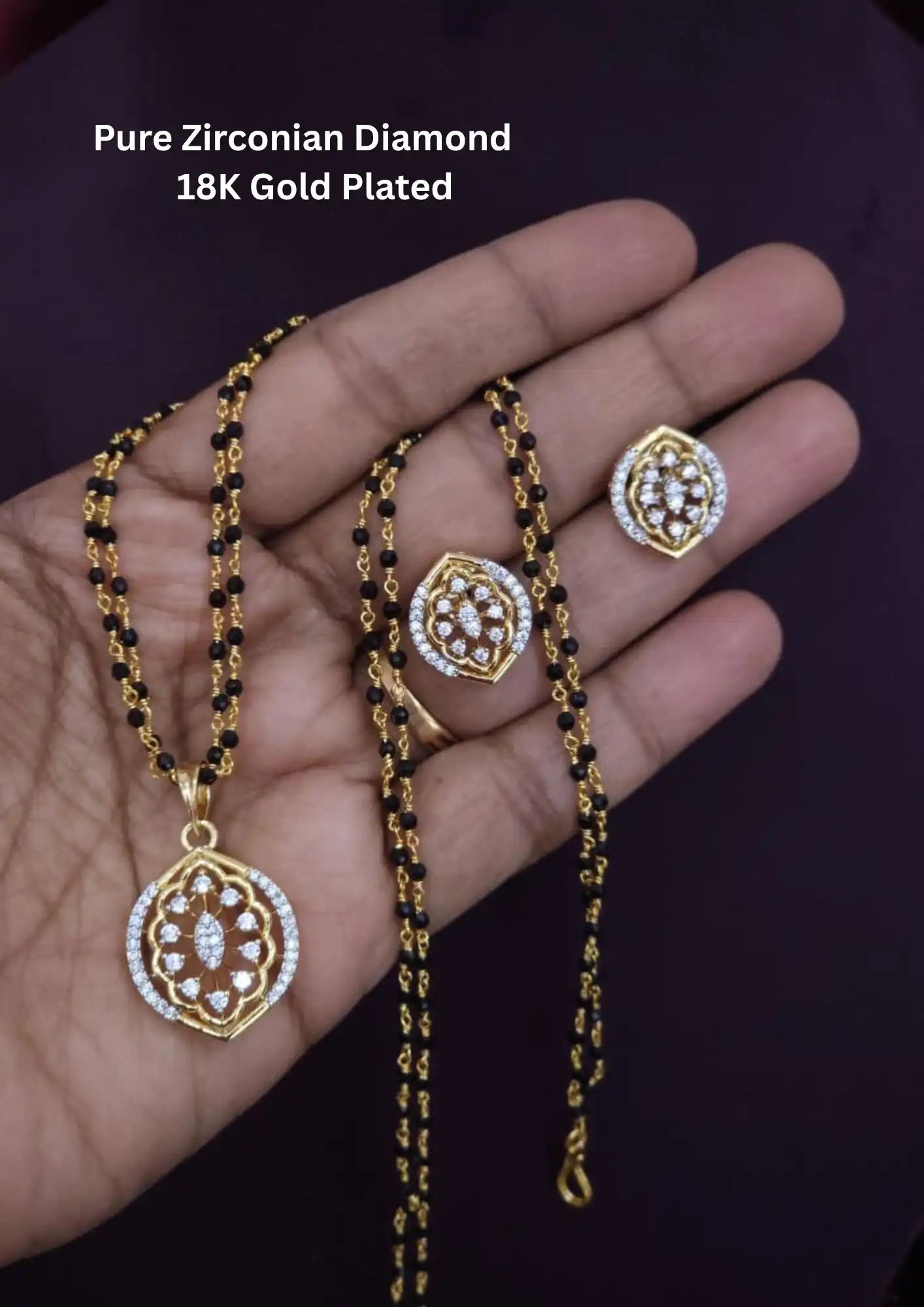 Pure Zirconian Diamond Gold Plated Floral Mangalsutra with earrings
