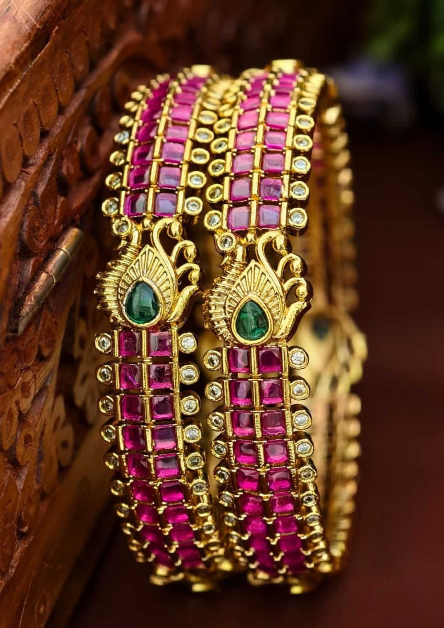 Kundan stones 18k gold platted peacock design bangles