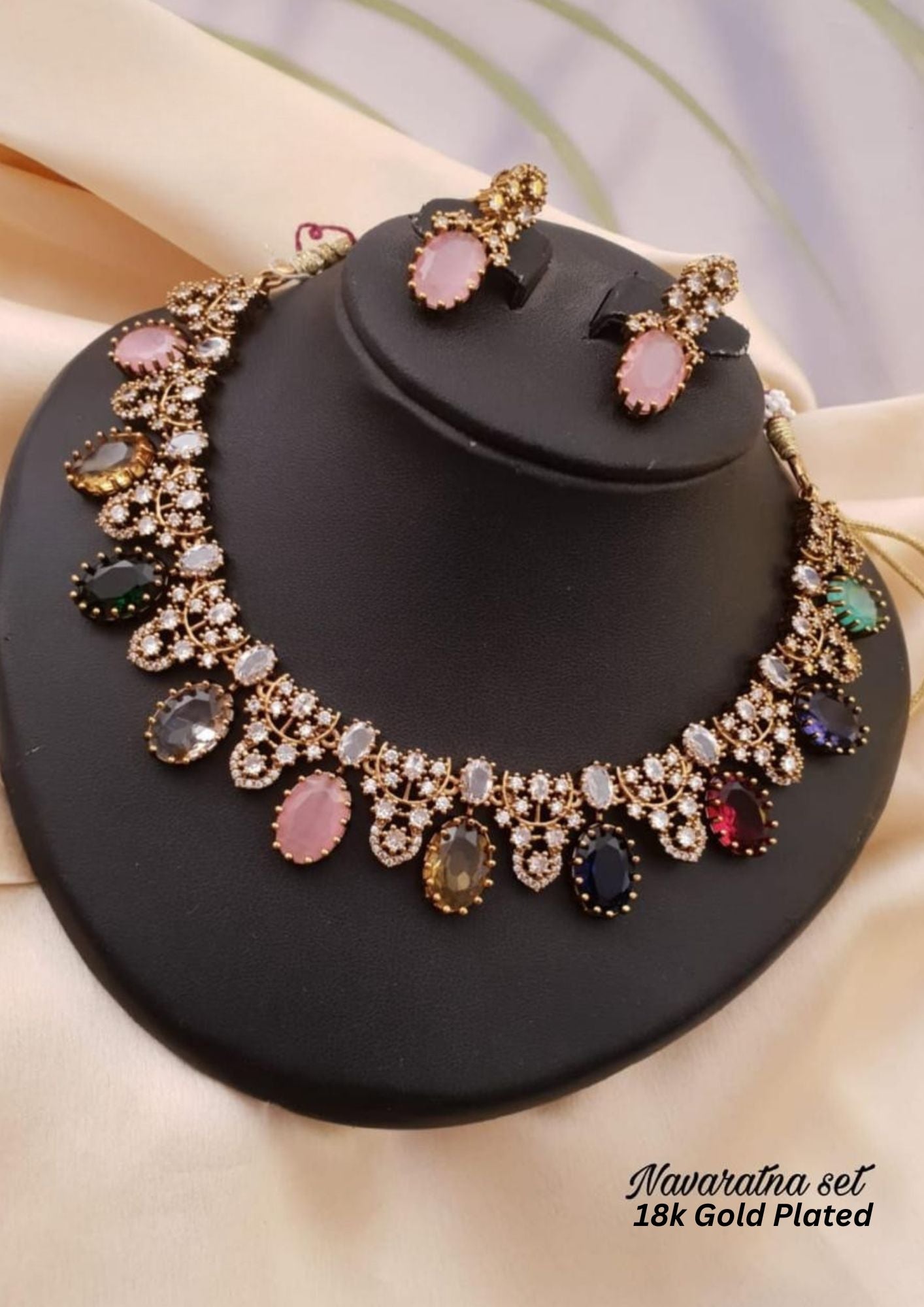 Kundan stone navaratna gold plated necklace with earrings