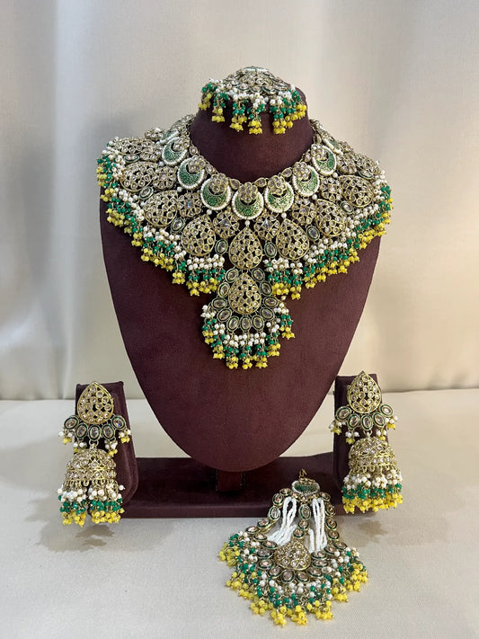 Pakistani Semi Bridal Set With Pasa - Green And Yellow