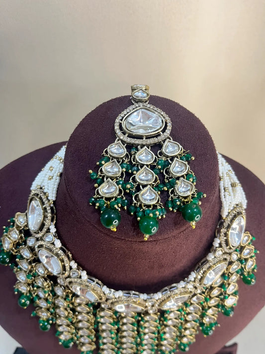 Moissanite Kundan V Neck Full Necklace Set - Emerald