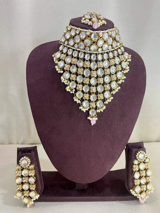 Moissanite Kundan Necklace Set - Pearl & Pink