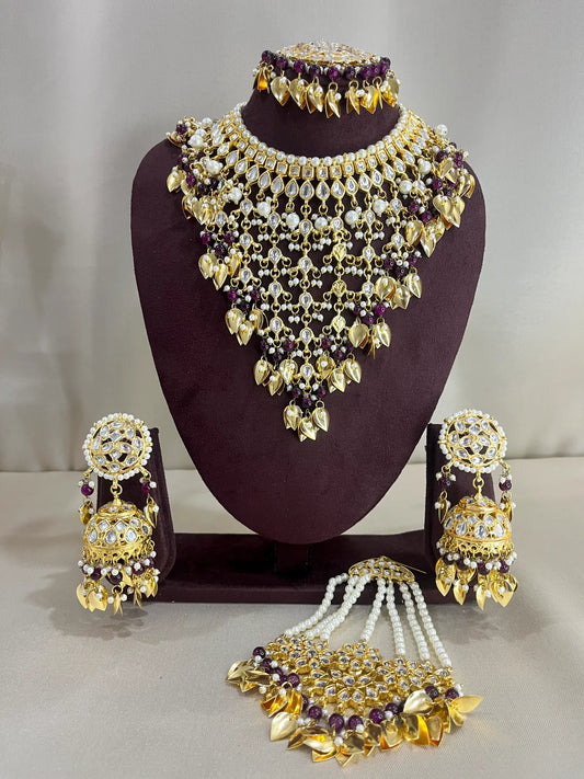 Moissanite Polki Semi Bridal Necklace Set - Magenta Pink