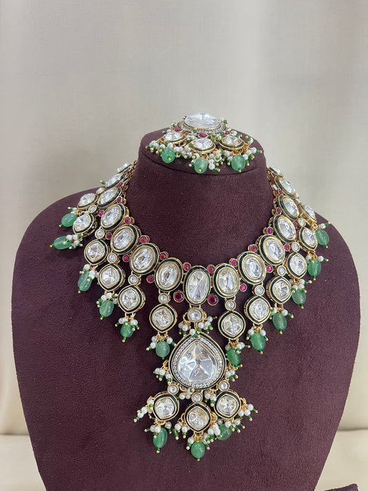 Moissanite Kundan Semi Bridal Necklace Set - Mint
