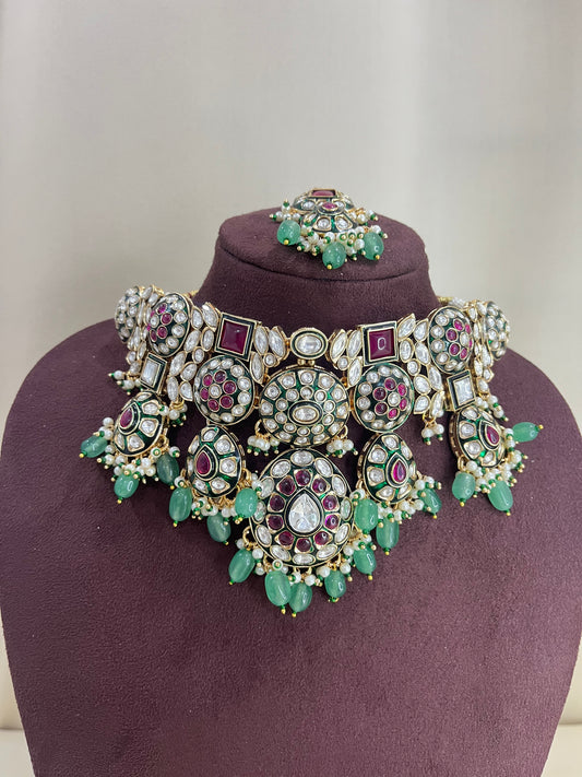 Moissanite Semi Bridal Necklace Set - Mint & ruby