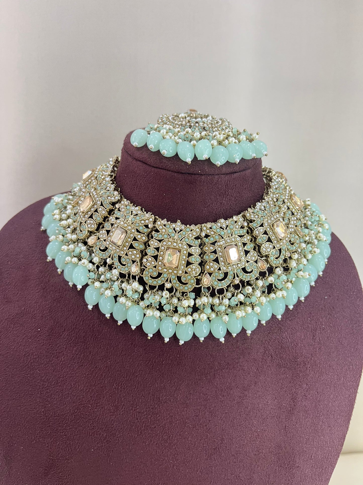 Polki Kundan Pakistani Necklace Set - Mint