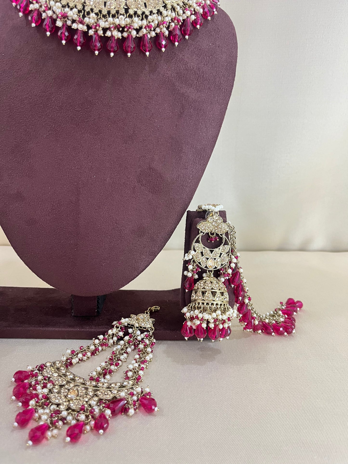 American Diamond Necklace Set With Jhoomar - Ruby