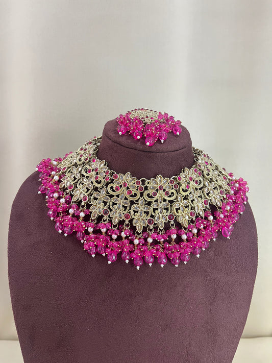 American Diamond Pakistani Necklace Set - Rani Pink