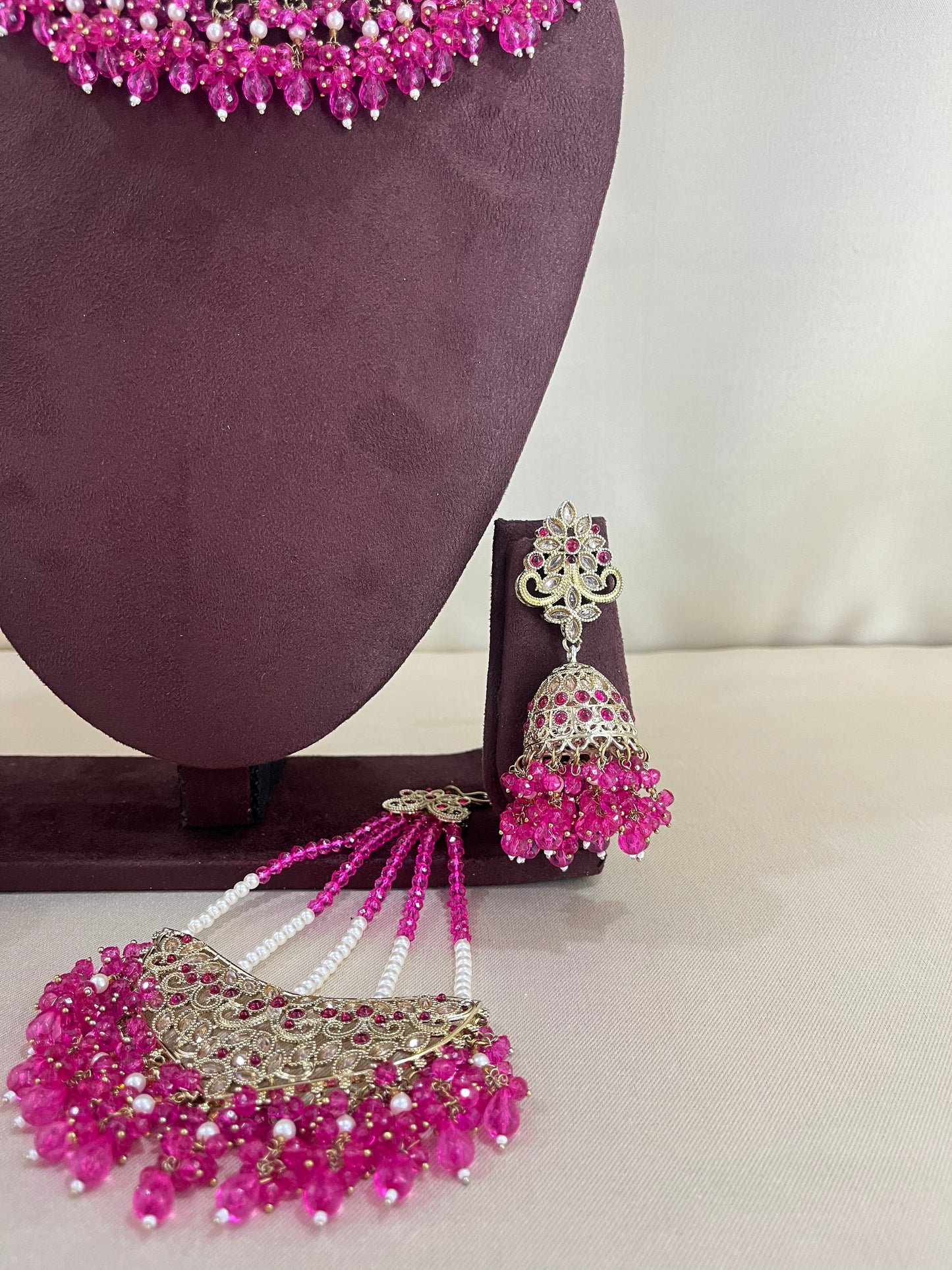 American Diamond Pakistani Necklace Set - Rani Pink