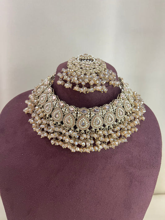 Reverse AD Pakistani Necklace Set - Gold