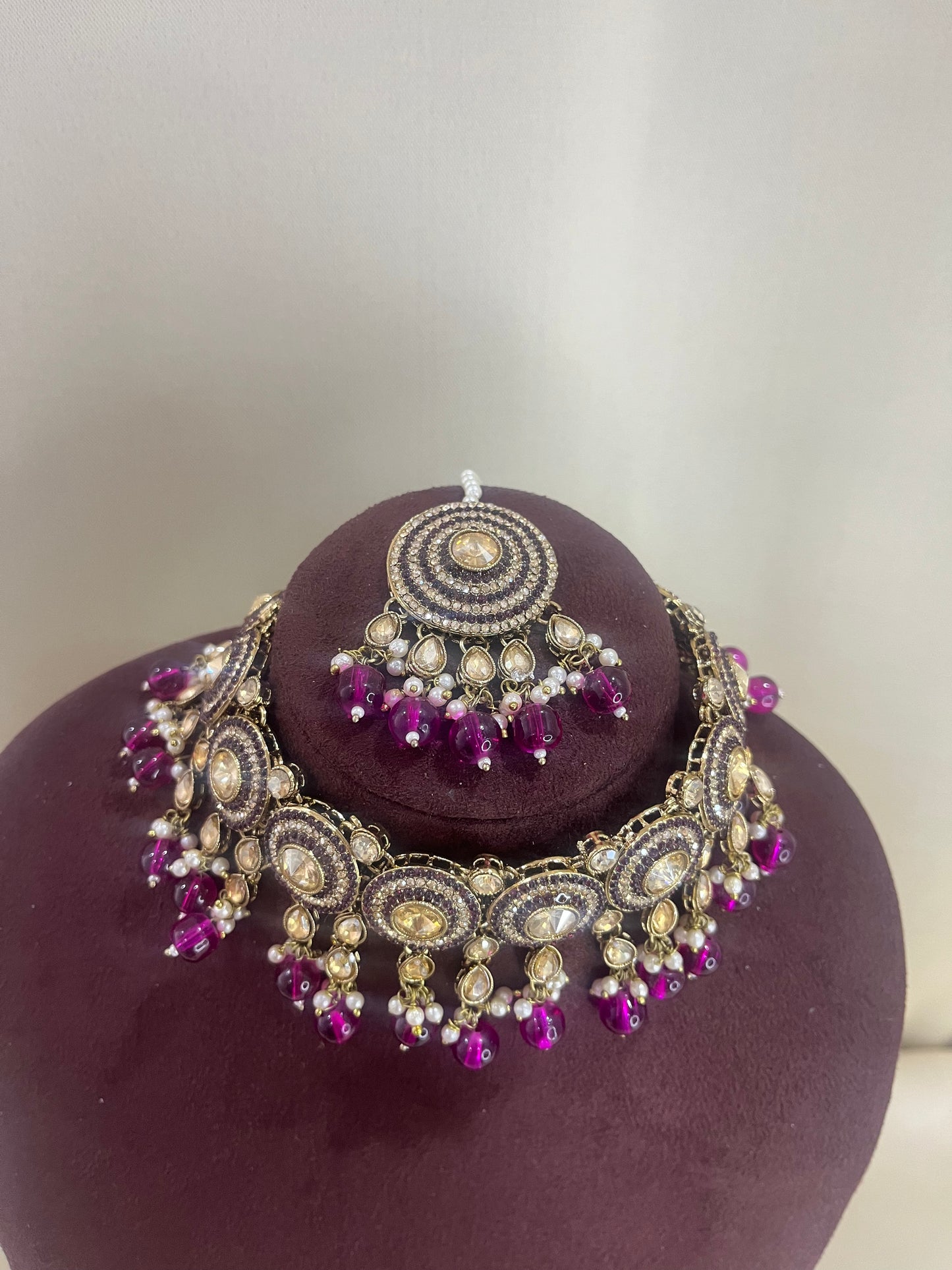 AD Choker Set With Paasa - Purple Beads
