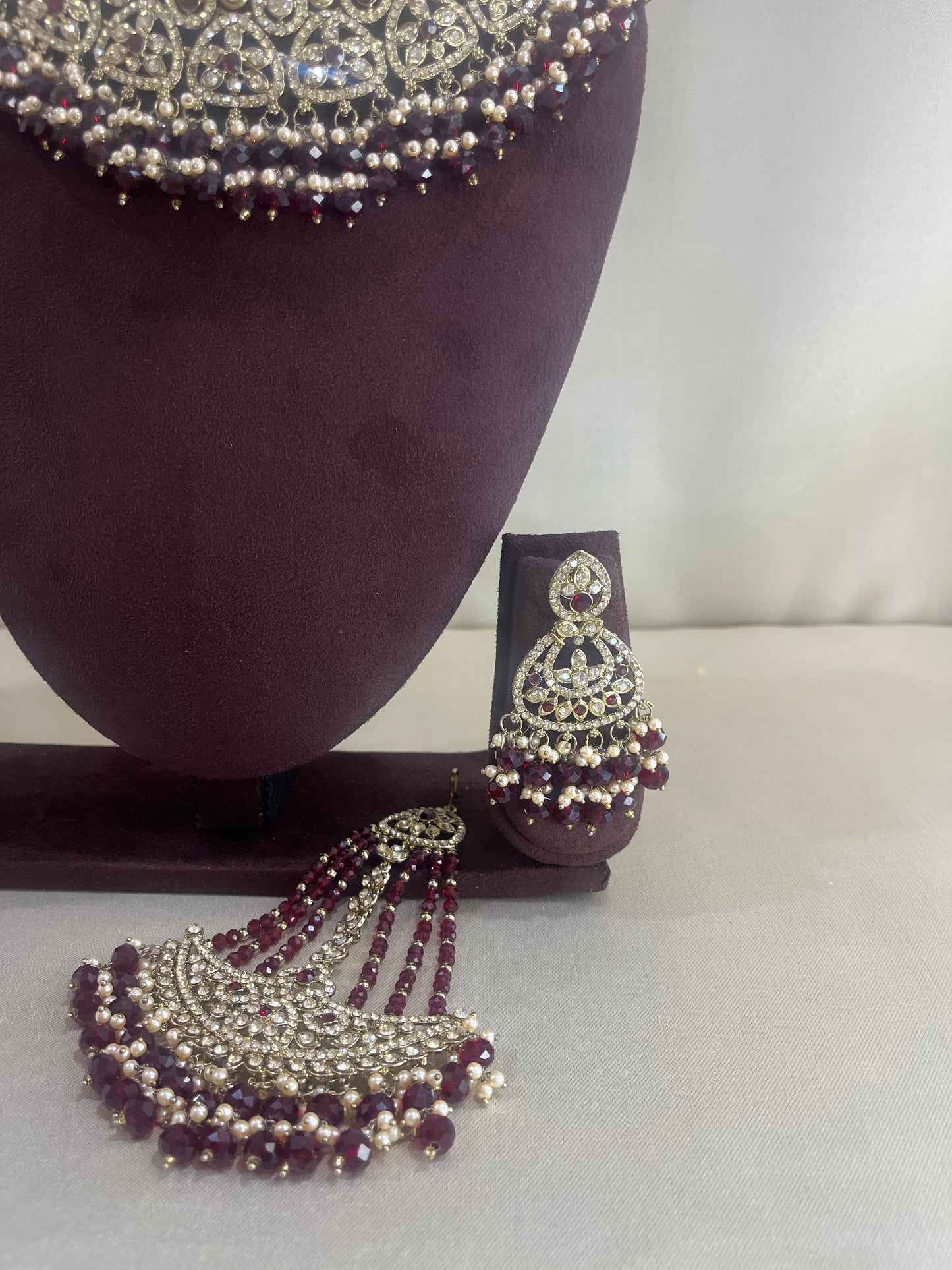 American Diamond Pakistani Necklace Set - Deep Ruby