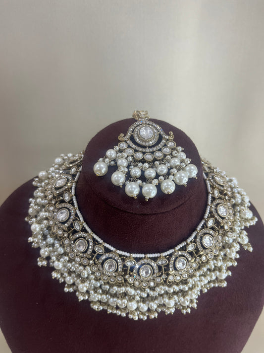Moissanite Kundan Pearl Necklace Set - Pearl White