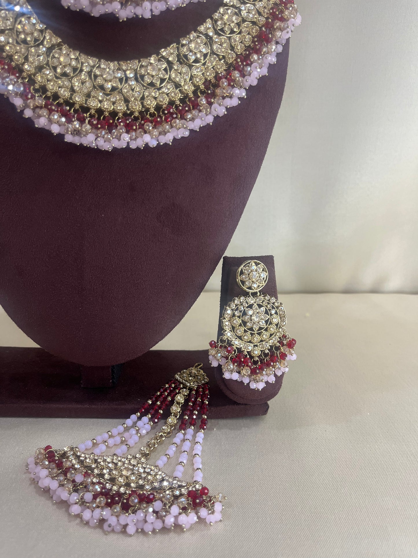 American Diamond Pakistani Bridal Combo Set - Pink & Ruby