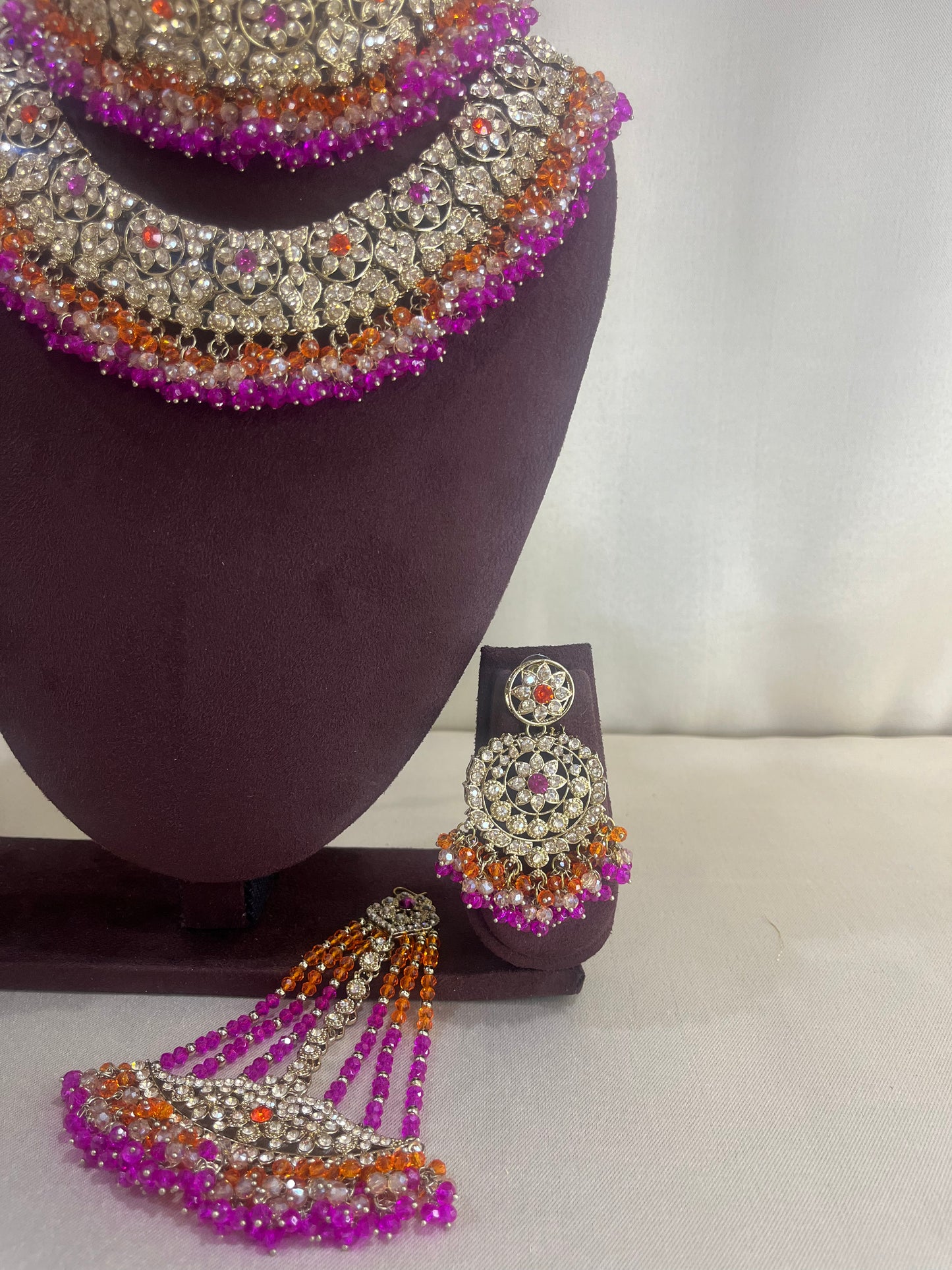 American Diamond Pakistani Bridal Combo Set - Rani Pink & Orange