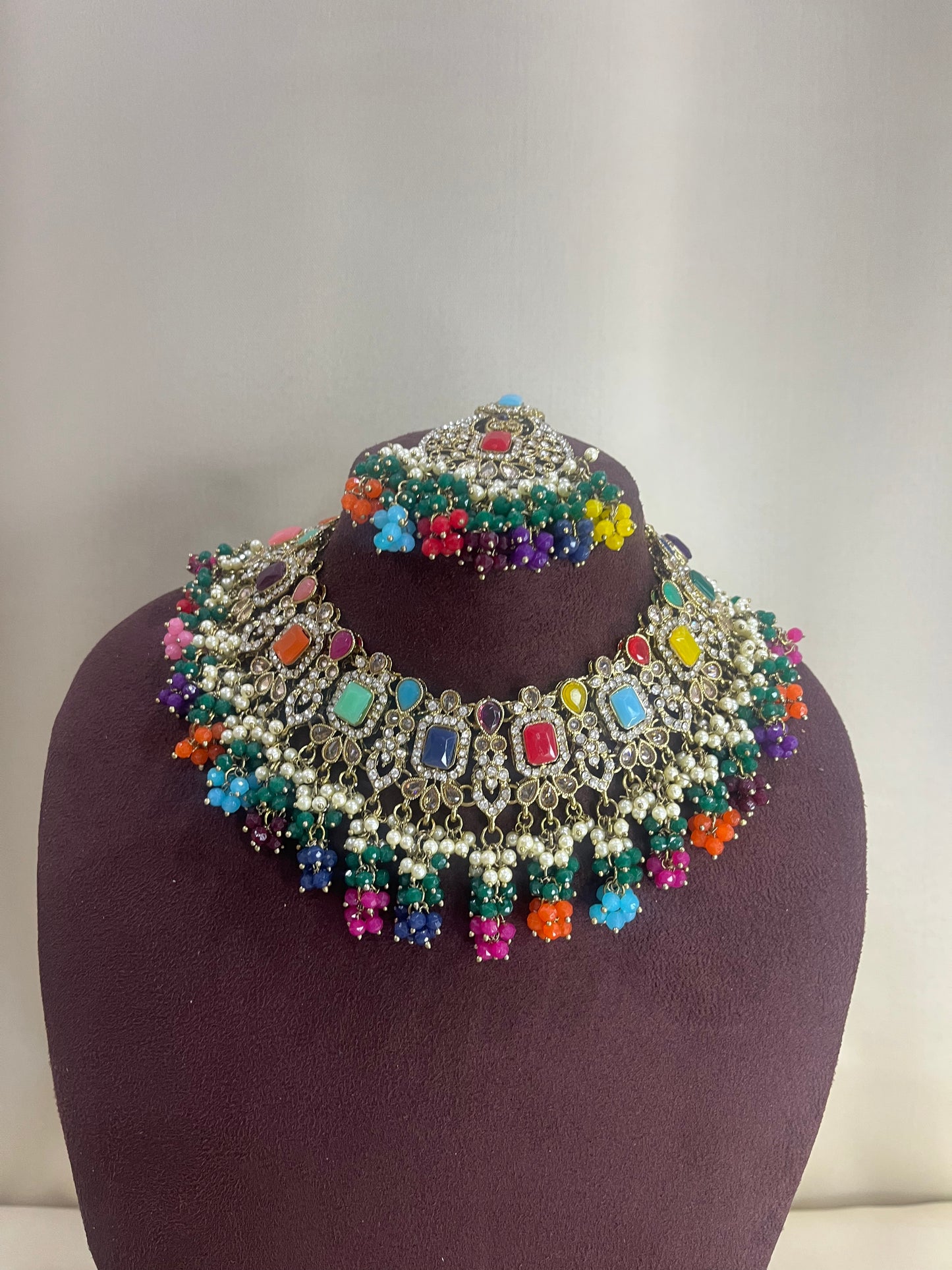 American Diamond Necklace Set - Navratan