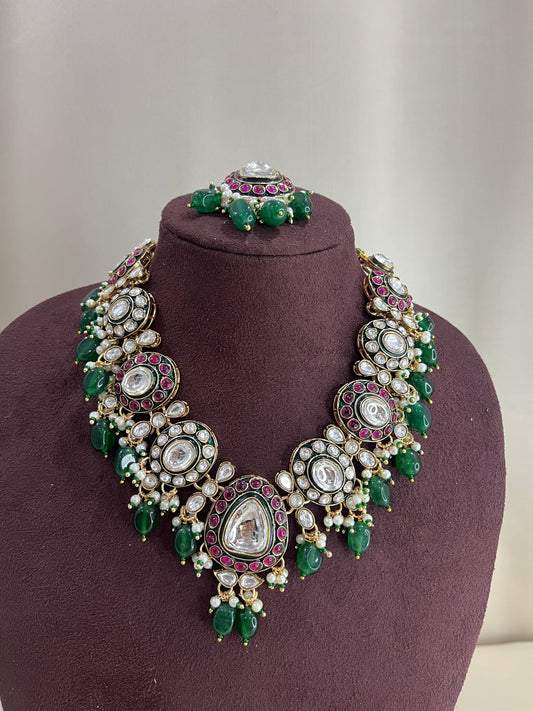 Meenakari Kundan Necklace Set - Emerald & Ruby