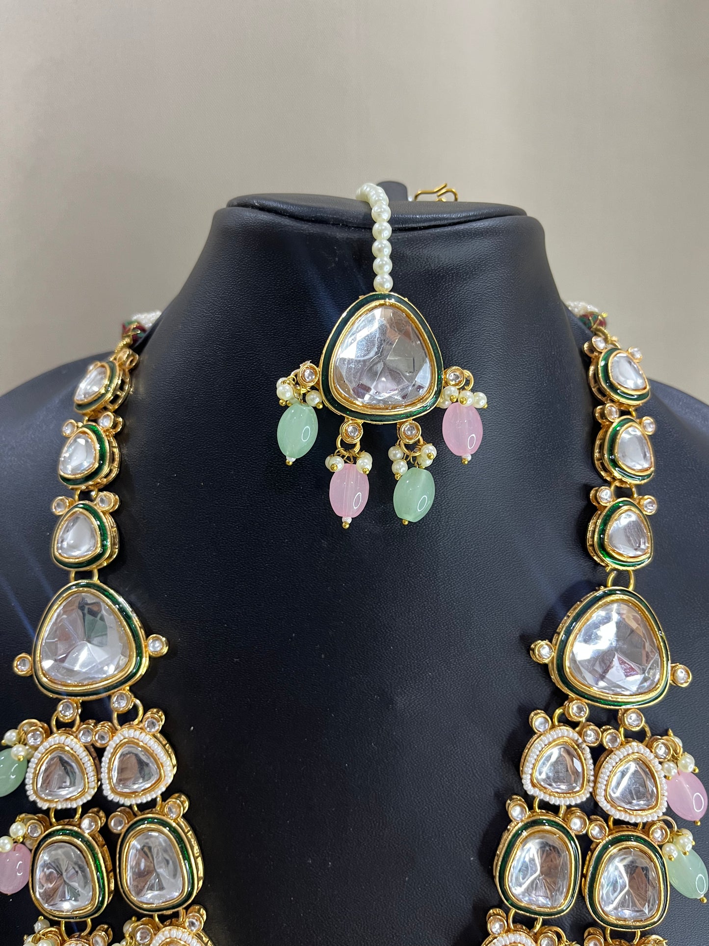 Moissanite Polki Long Necklace Set - Mint & Pink