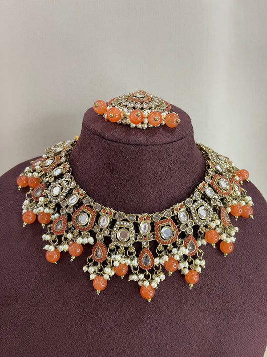 Paachi Kundan Sangeet Necklace Set - Orange