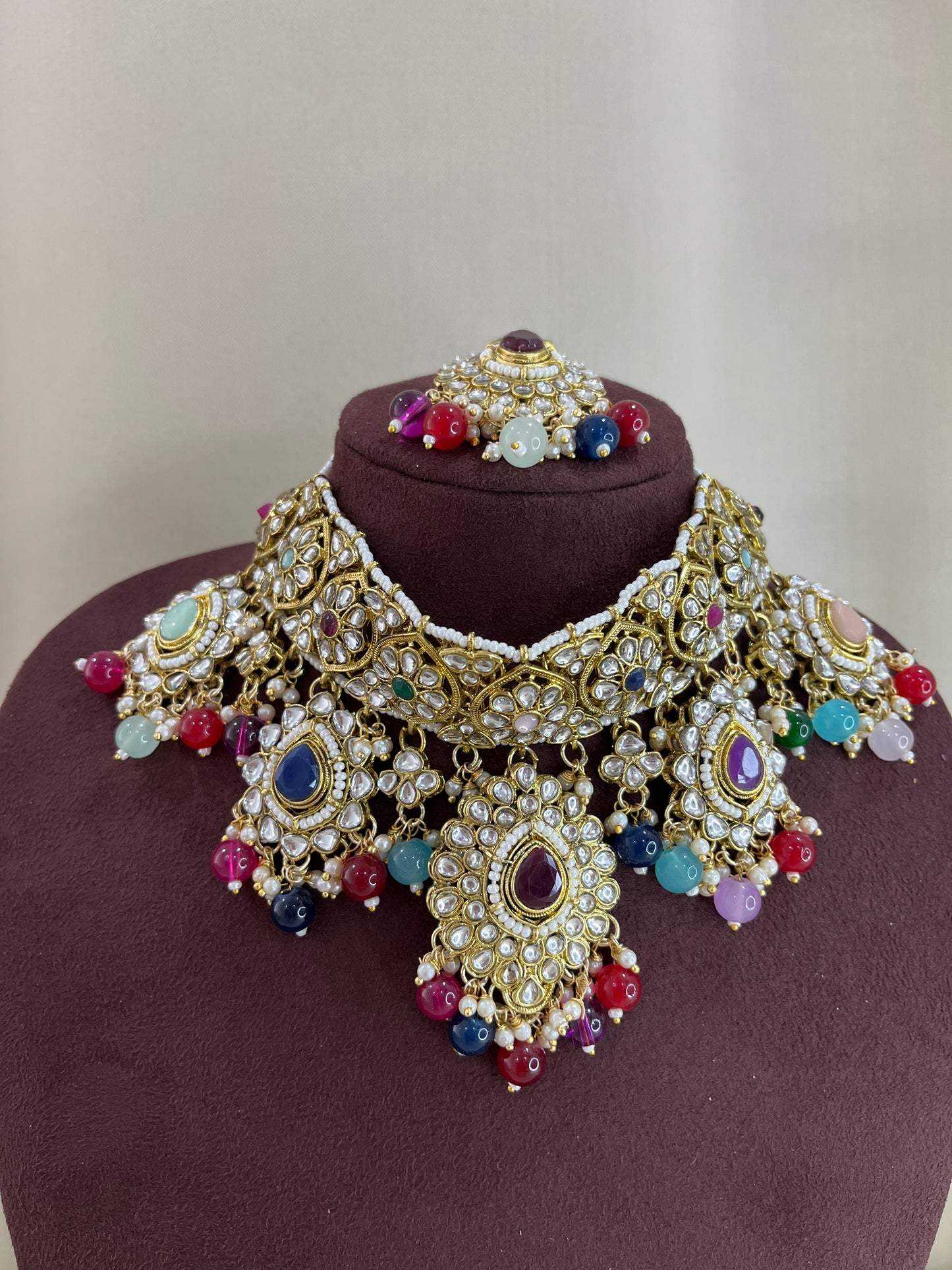 Paachi Kundan Choker Set With Tika - Multi Beads