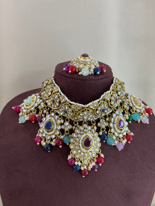 Paachi Kundan Choker Set With Tika - Multi Beads