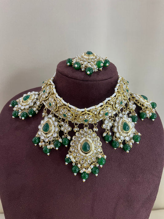 Paachi Kundan Choker Set With Tika - Emerald Beads