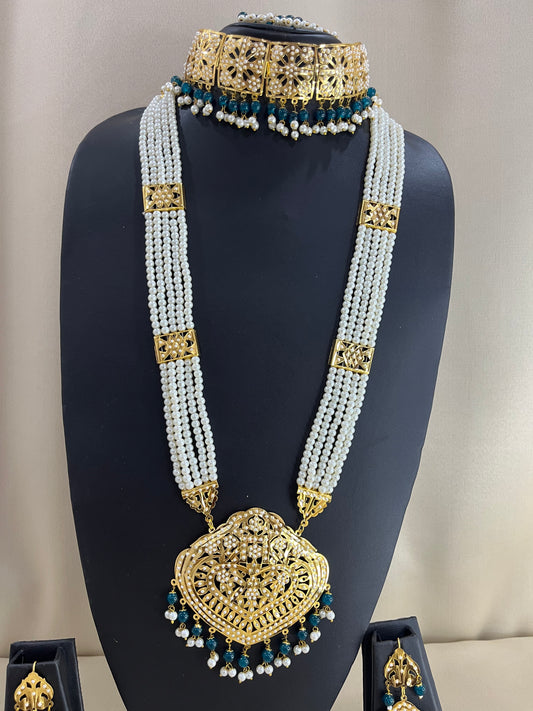 Jadau Kundan Bridal Combo Necklace Set - Pearl Turquise