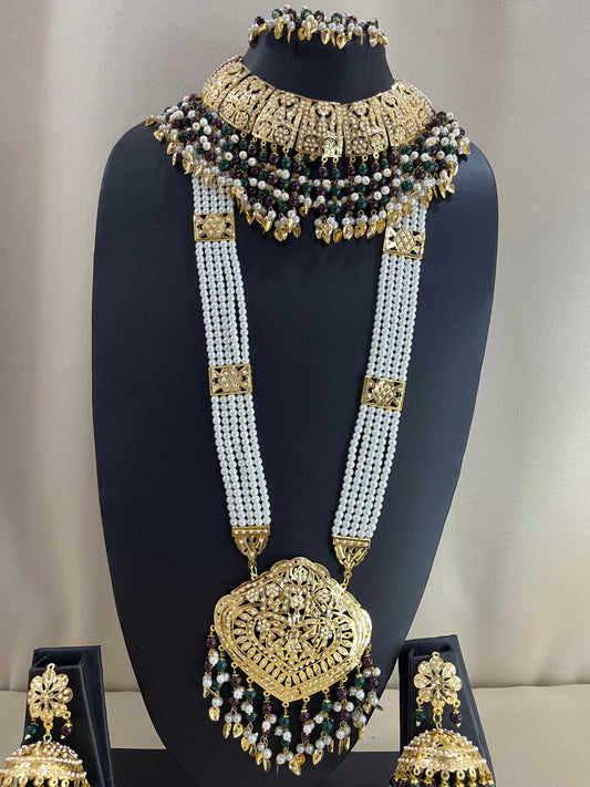 Jadau Kundan Nizami Bridal Combo Necklace Set - Green