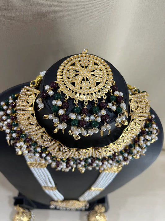 Jadau Kundan Nizami Bridal Combo Necklace Set - Green
