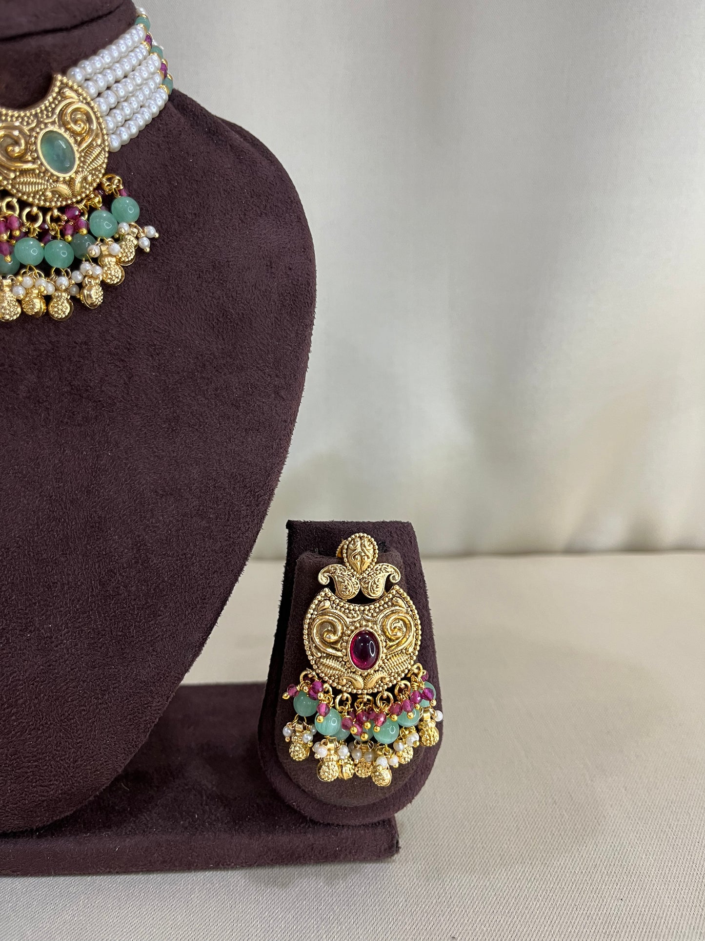 Heritage Rajwadi Choker Set With Tika - Ruby Green