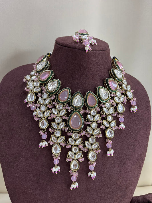 Paachi Kundan Necklace Set With Tika - Pink Kundan