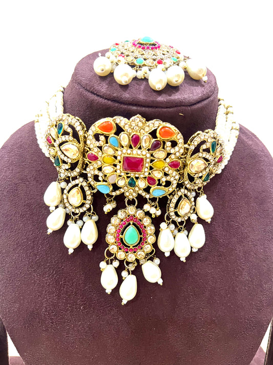 AD Necklace Choker Set With Chain Earings - Multi Color