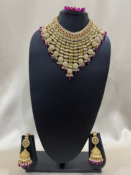 V Neck Kundan Semi Bridal Set - Rani Pink