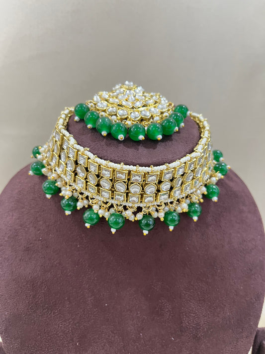 Kundan Necklace Choker Set - Bottle Green