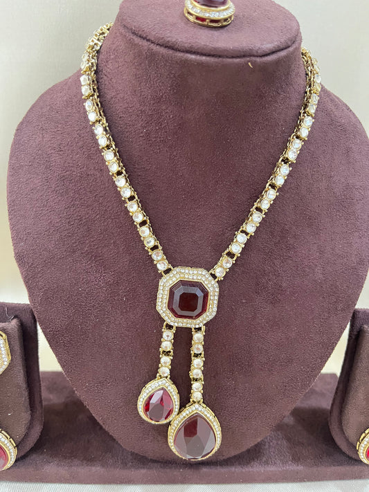 Delicate Kundan Necklace Set - Ruby Red