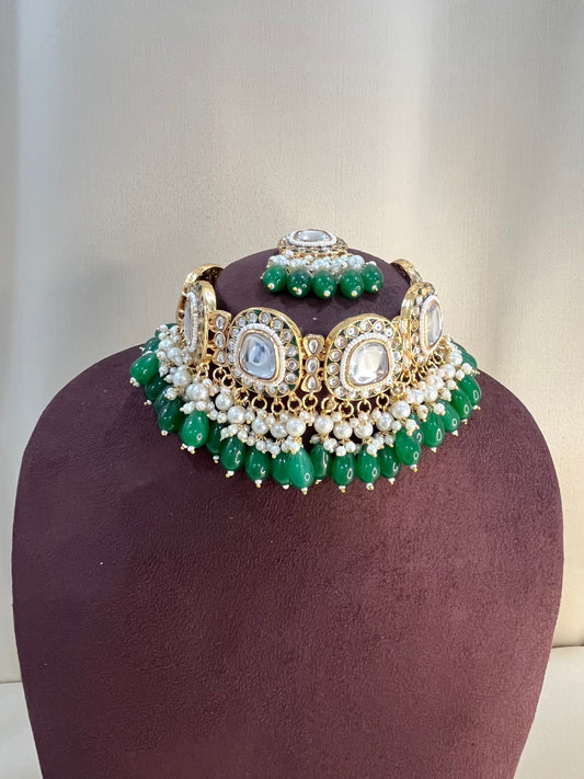 Polki Kundan Choker Set - Emerald Pearl