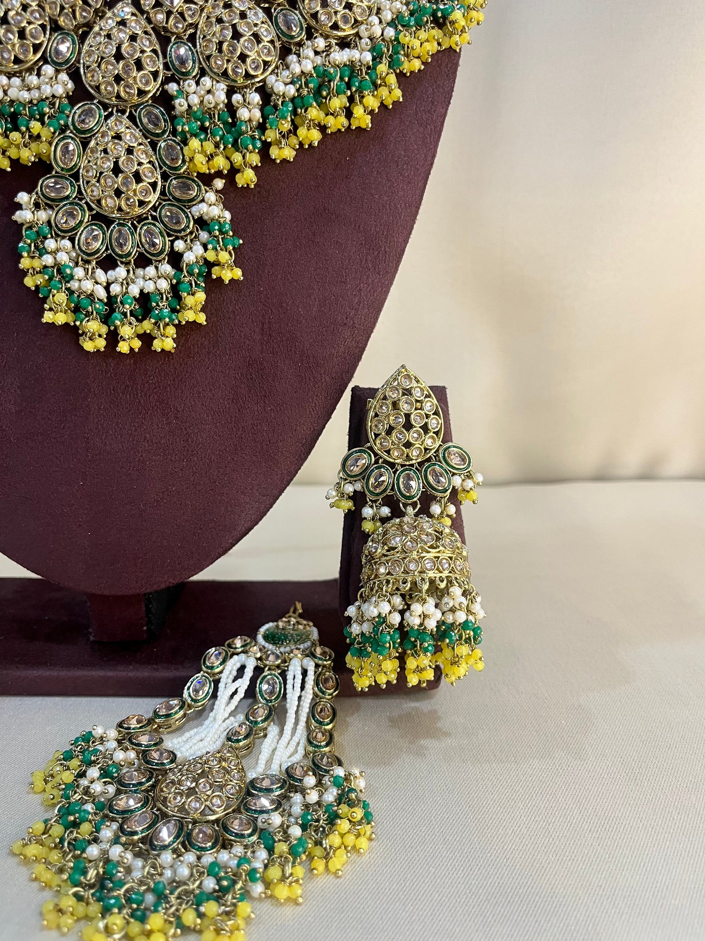 Pakistani Semi Bridal Set With Pasa - Green And Yellow