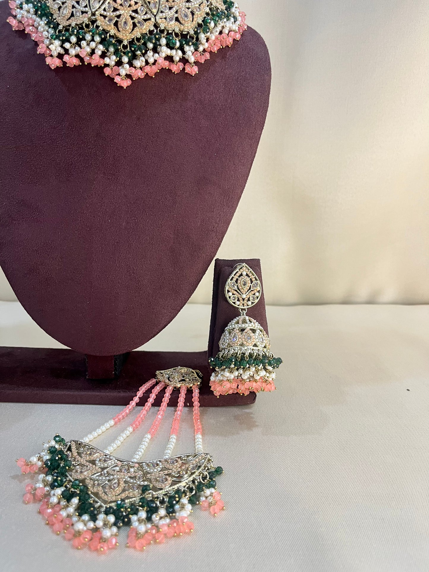 Reverse AD Pakistani Necklace Set With Pasa - Green & Carrot