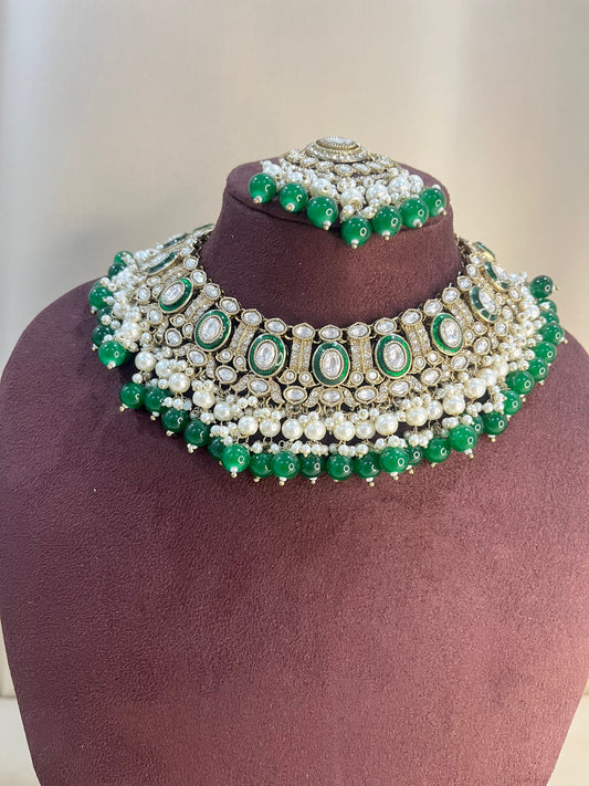 Moissanite Kundan Full Necklace Set - Emerald Green