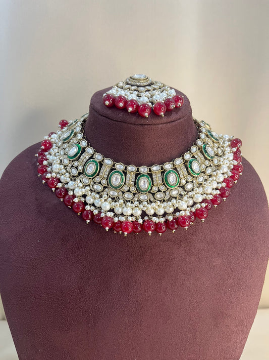 Moissanite Kundan Full Necklace Set - Ruby
