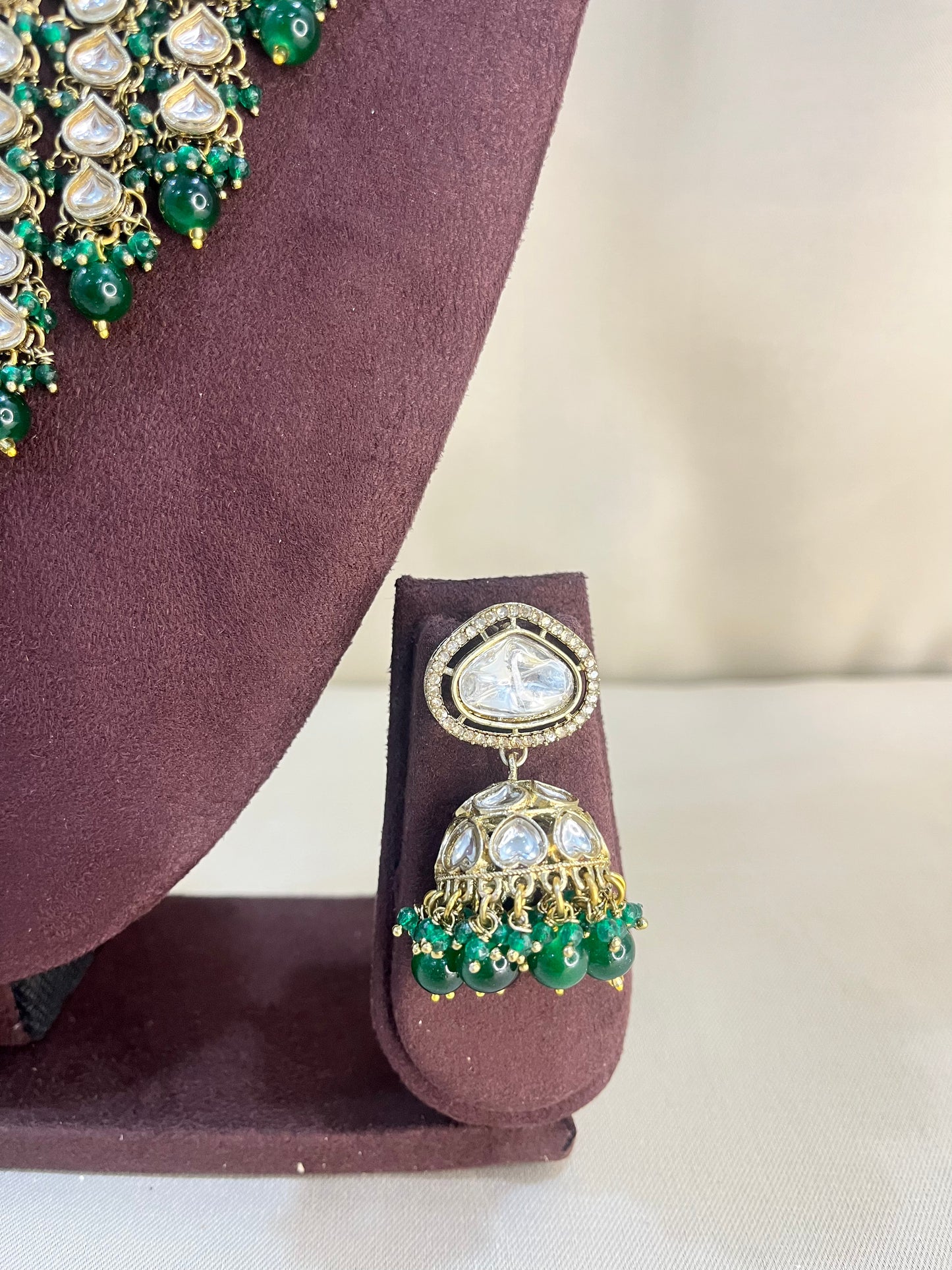 Moissanite Kundan V Neck Full Necklace Set - Emerald