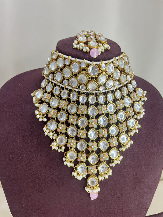 Moissanite Kundan Necklace Set - Pearl & Pink