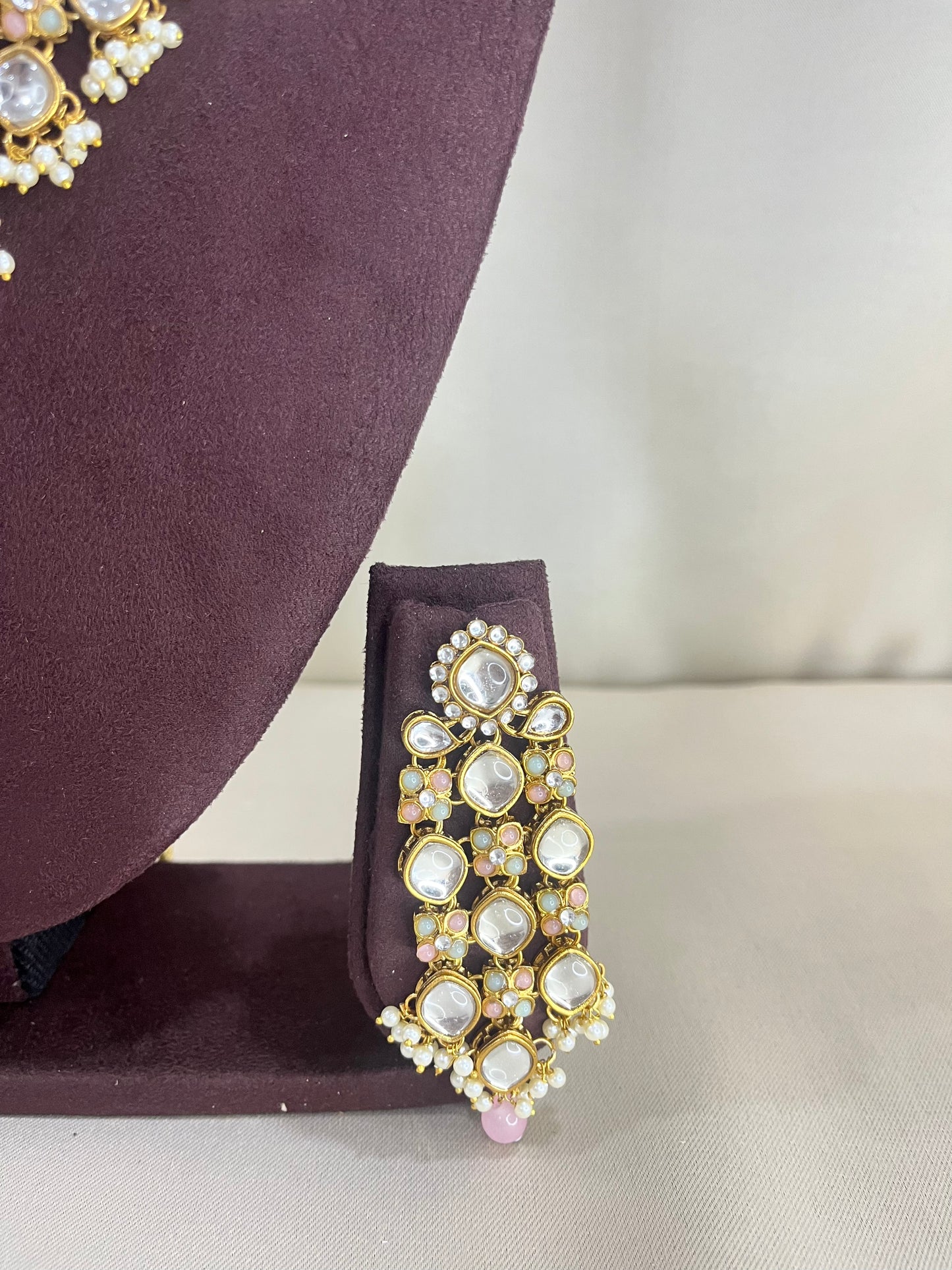 Moissanite Kundan Necklace Set - Pearl & Pink