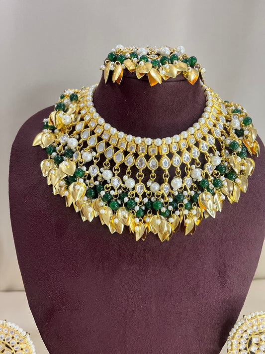 Moissanite Polki Semi Bridal Necklace Set - Pearl & Green