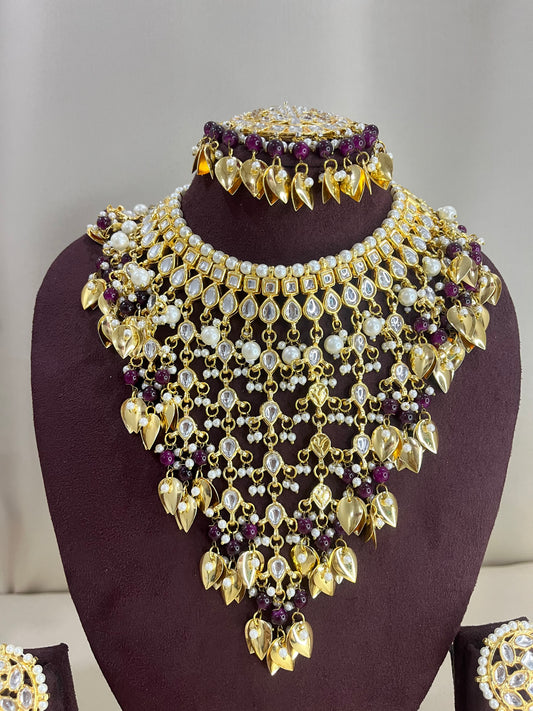 Moissanite Polki Semi Bridal Necklace Set - Magenta Pink