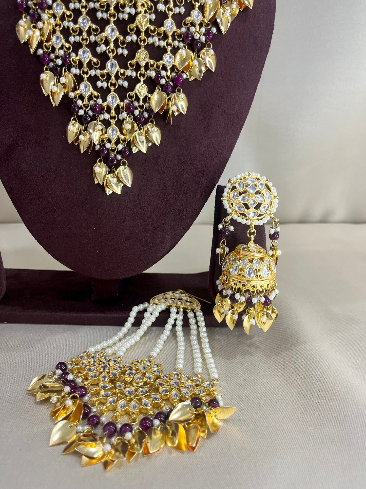 Moissanite Polki Semi Bridal Necklace Set - Magenta Pink