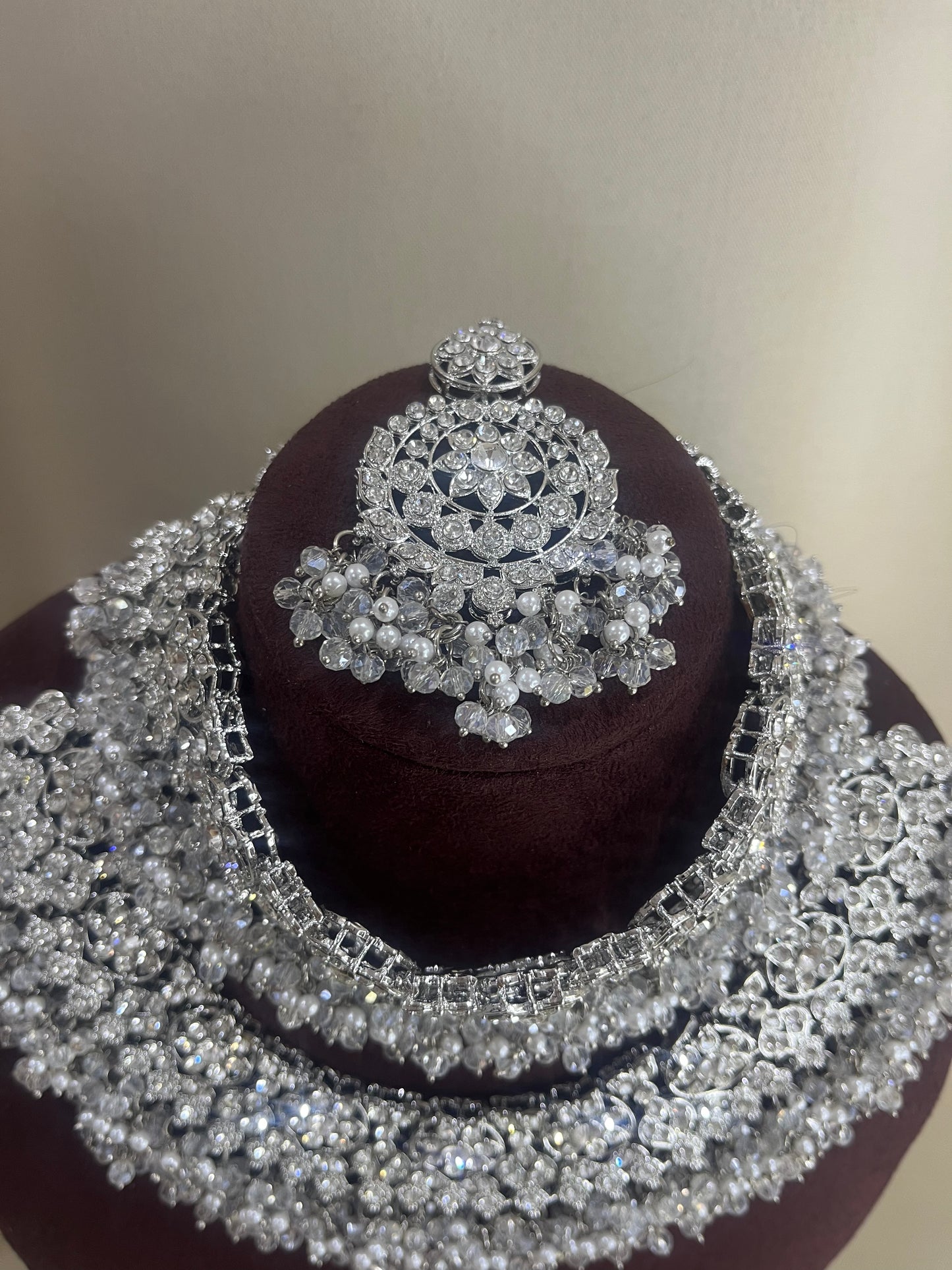 American Diamond Pakistani Bridal Combo Set - Silver
