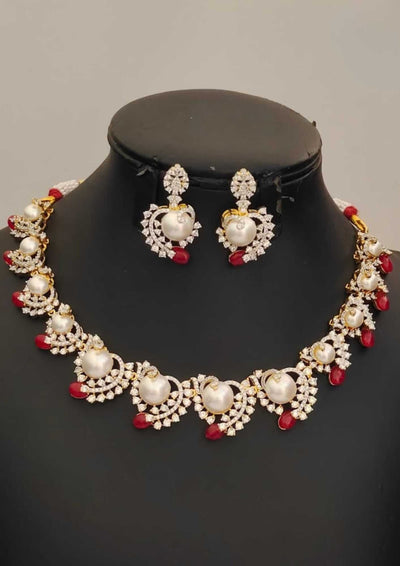 American diamond stones and pearls 18k gold platted necklace with earrings