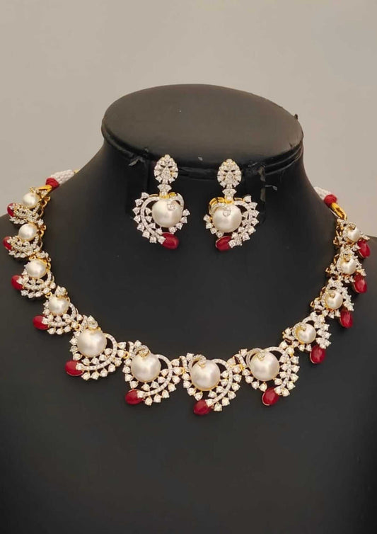 American diamond stones and pearls 18k gold platted necklace with earrings