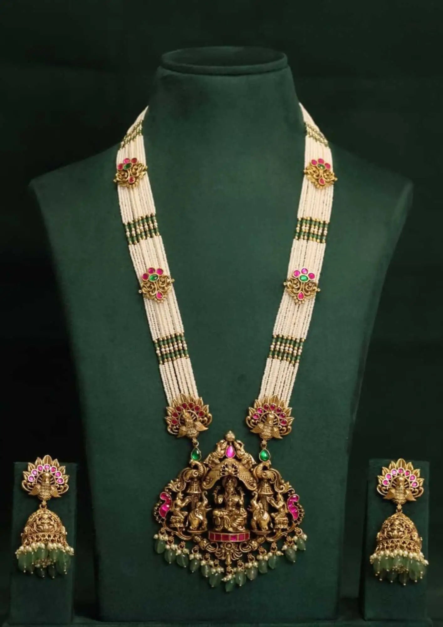 Jadau kundan and beads Laxmi devi pendent necklace with earrings